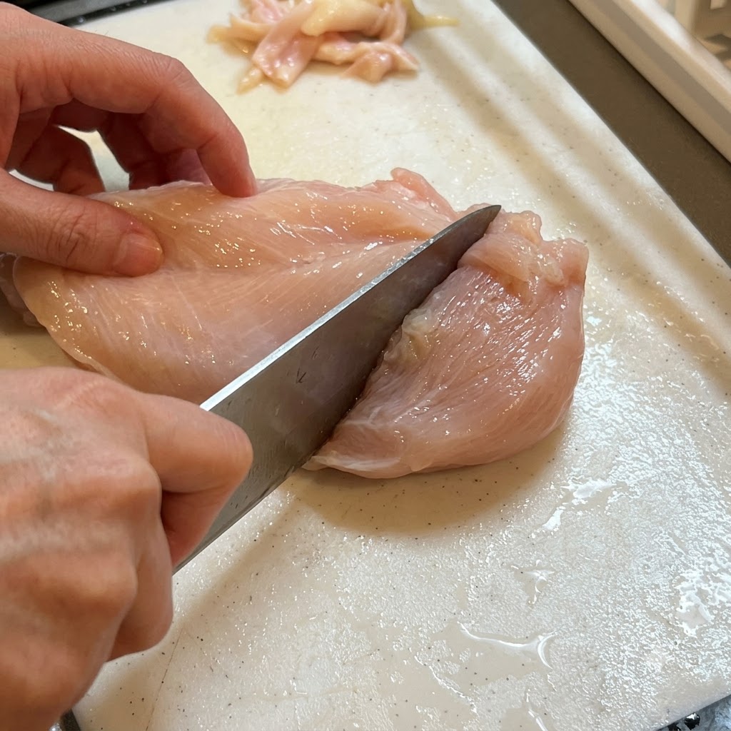 Un cuchillo haciendo agujeros en una pechuga de pollo cruda colocada sobre una tabla de cortar.