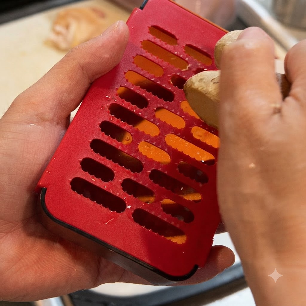 Un trozo de jengibre siendo rallado en un rallador rojo dentro de un recipiente.
