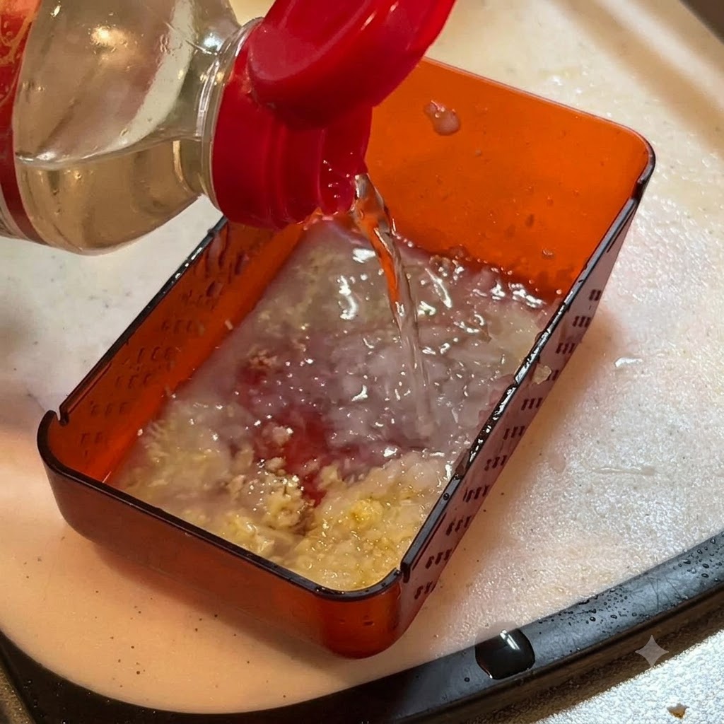 Líquido de sazonamiento siendo vertido desde una botella hacia un recipiente con jengibre rallado y cebolla.