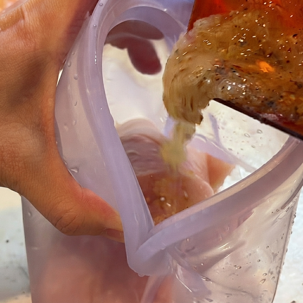 Adobo siendo vertido desde un recipiente rojo hacia una bolsa morada que contiene pollo crudo.