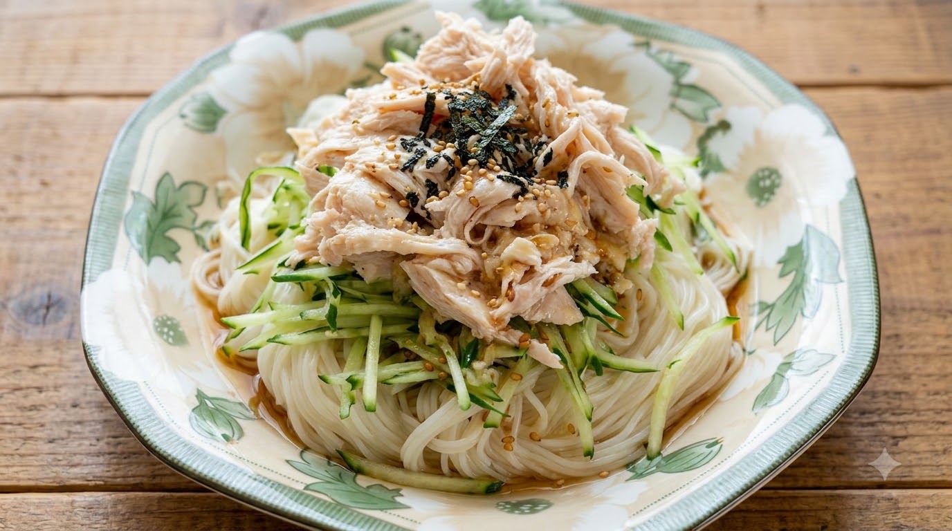 Fideos fríos japoneses con pollo desmenuzado