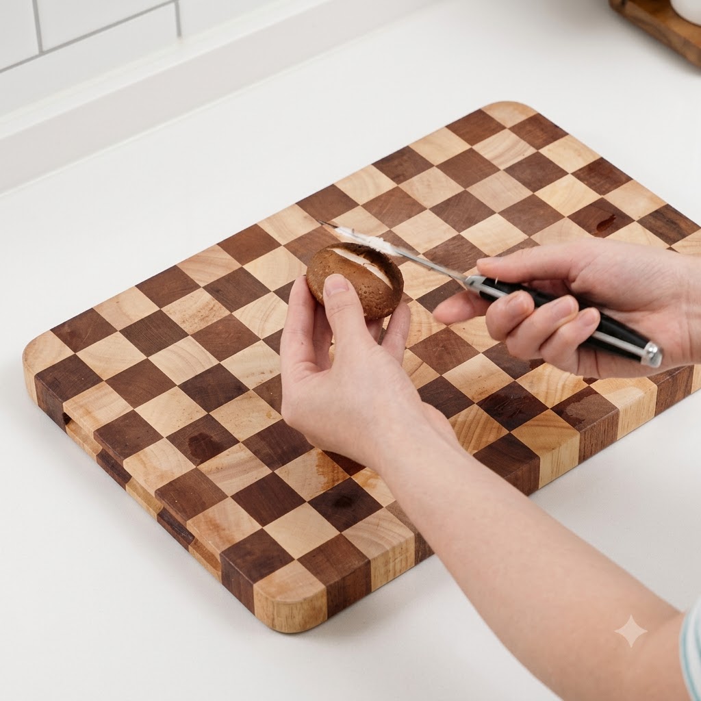 Un par de manos tallando una cruz decorativa en la parte superior de una seta shiitake marrón en una tabla de cortar.