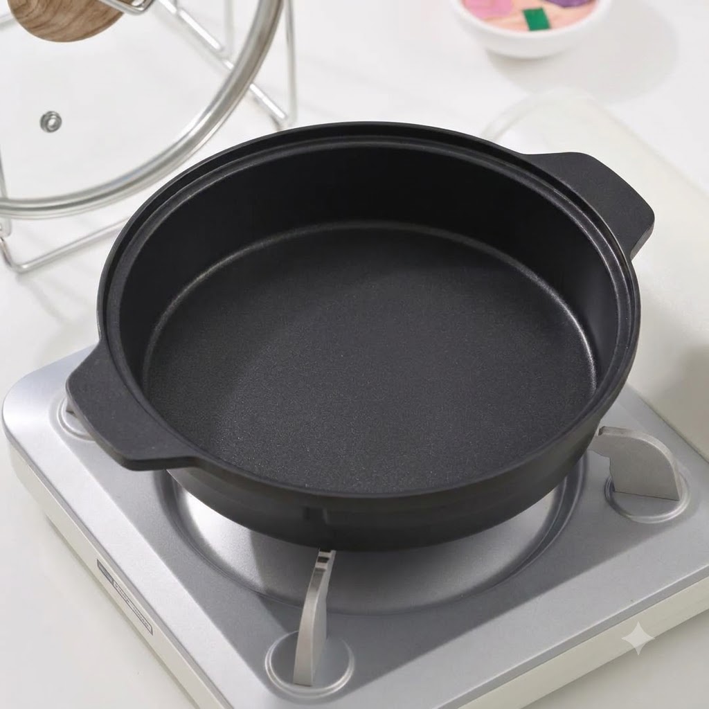 Una sartén negra vacía colocada en un quemador de gas portátil con un soporte para tapa de olla al fondo.