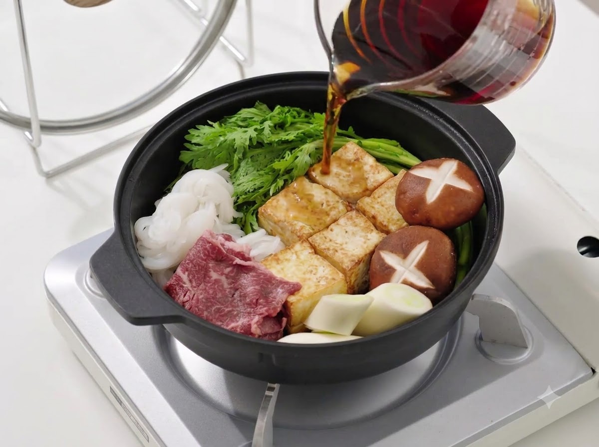 Salsa de sukiyaki marrón oscura siendo vertida desde una taza medidora de vidrio en una sartén llena de verduras, tofu y carne dispuestos.