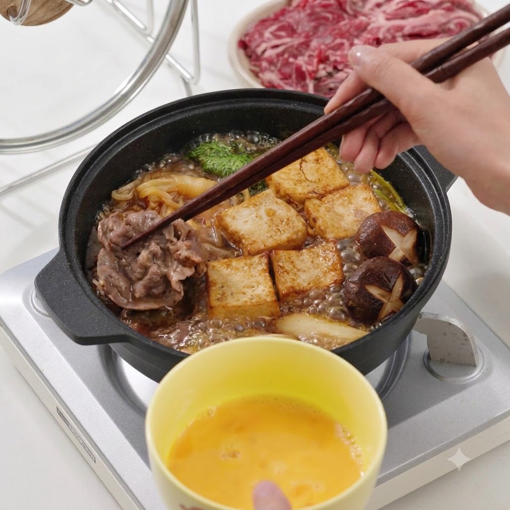 Palillos sosteniendo un trozo de carne cocida sobre una olla humeante que contiene tofu y setas, con un tazón de huevo batido abajo.