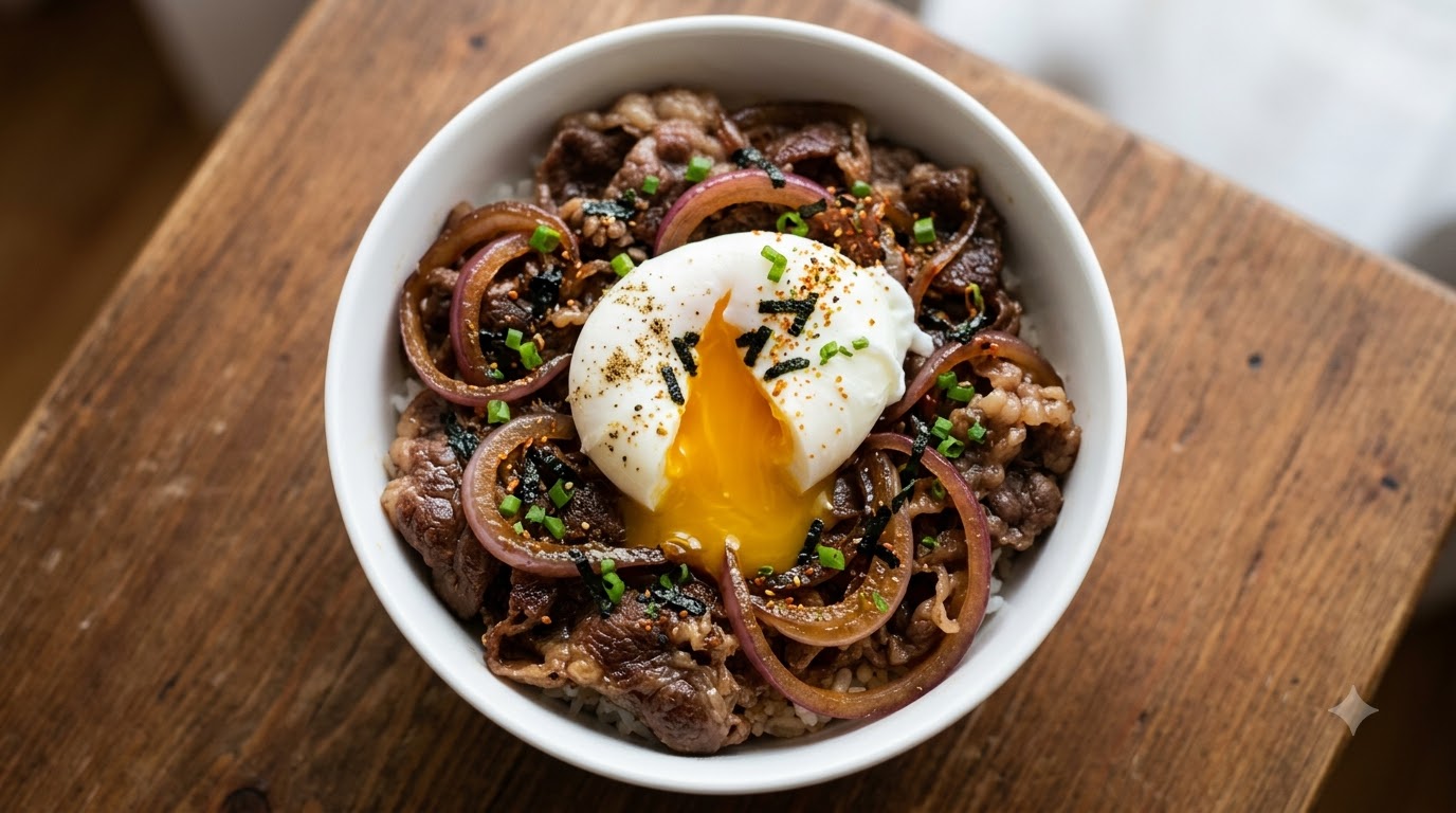 Tazón de Arroz con Ternera Estilo Sukiyaki (Gyudon)