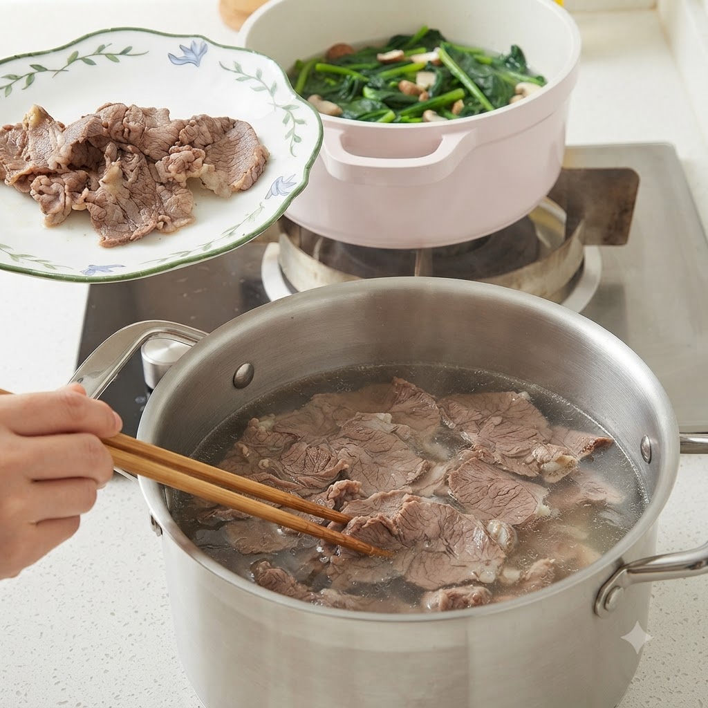 Lonchas de ternera cocida siendo extraídas de una olla con palillos y colocadas sobre un plato decorativo.