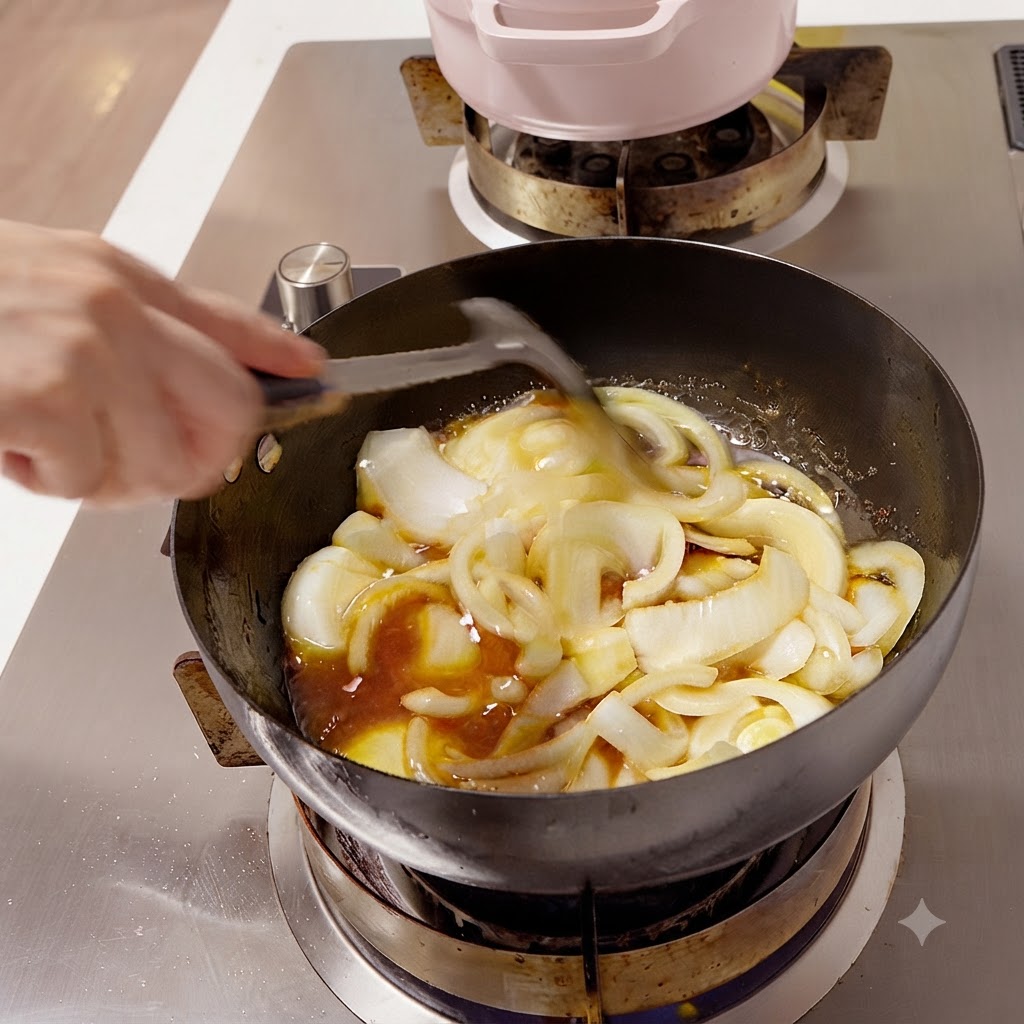 Aderezo líquido y salsa siendo vertidos sobre las cebollas cortadas en un wok negro.