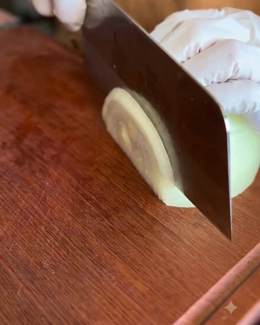 Media cebolla cortándose en tiras finas con un cuchillo sobre una tabla de cortar de madera.