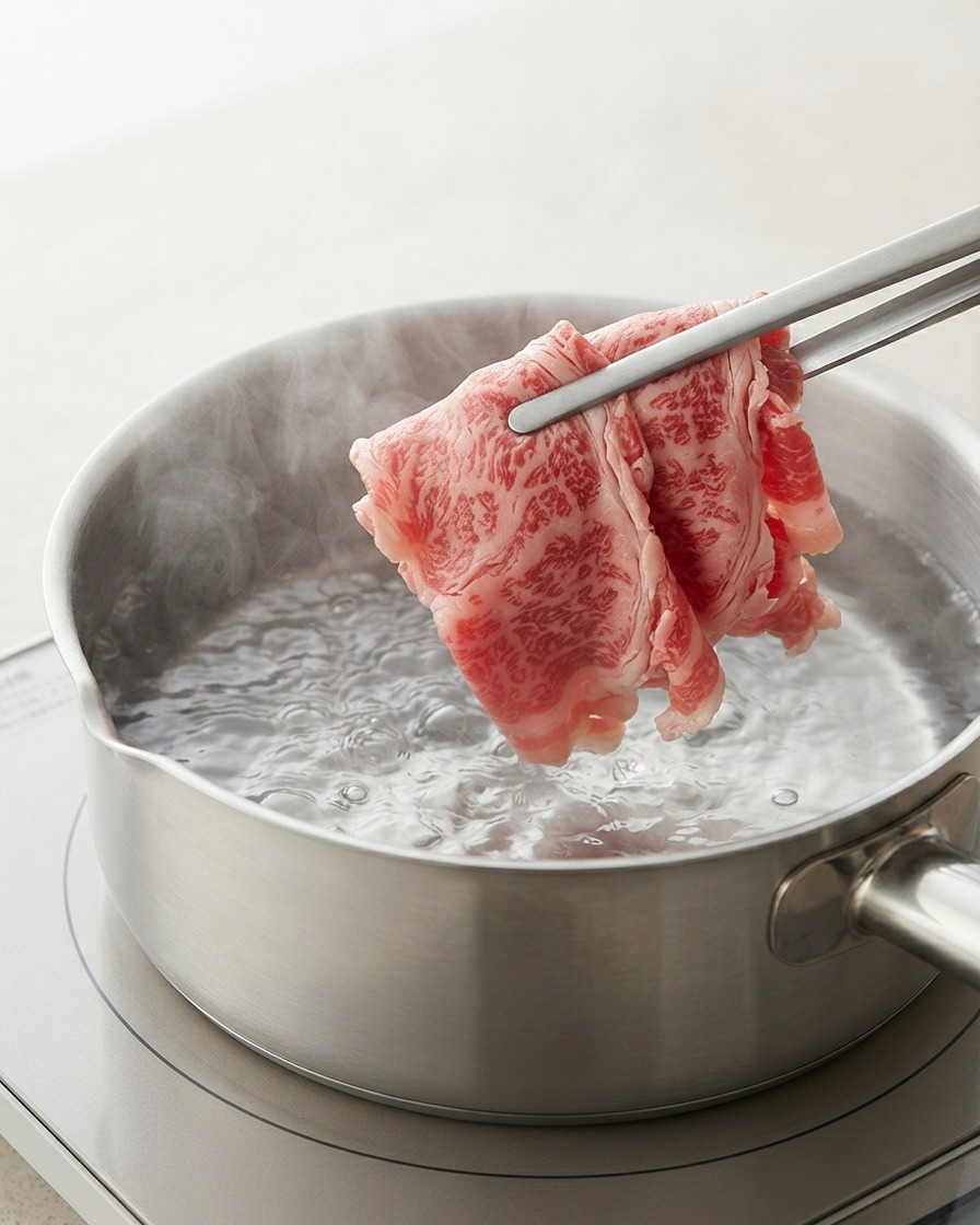 Láminas de ternera colocándose en una olla con agua hirviendo usando pinzas de cocina.