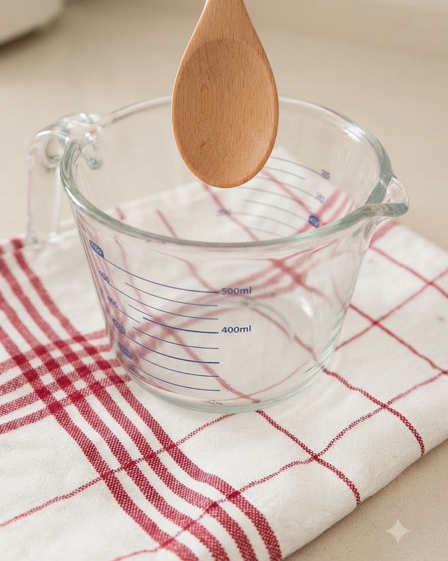 Una cuchara de madera apoyada sobre una taza medidora de vidrio transparente en un paño a cuadros rojos.
