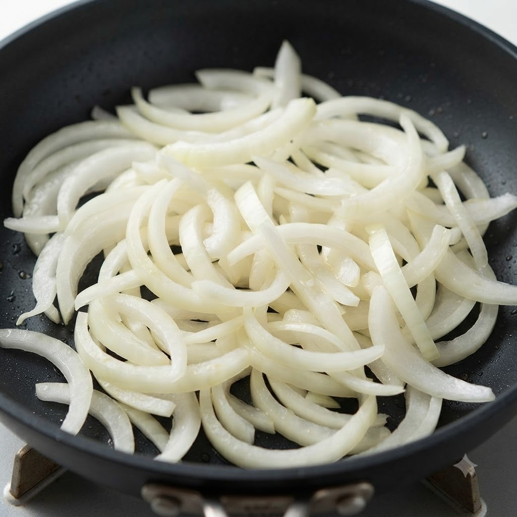 Cebollas blancas cortadas cocinándose en una sartén negra con aceite.