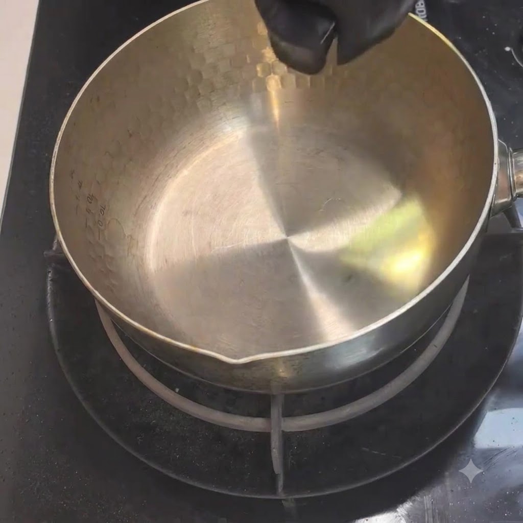Aceite de cocina siendo vertido desde un pequeño recipiente en una olla metálica caliente en la estufa.