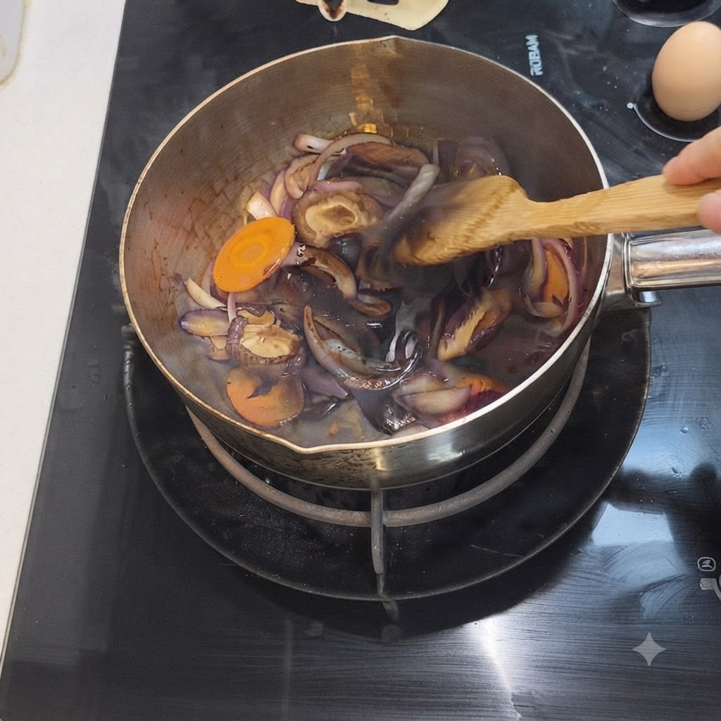 Salsa de soja oscura siendo vertida sobre las verduras burbujeantes dentro de la olla de cocción.