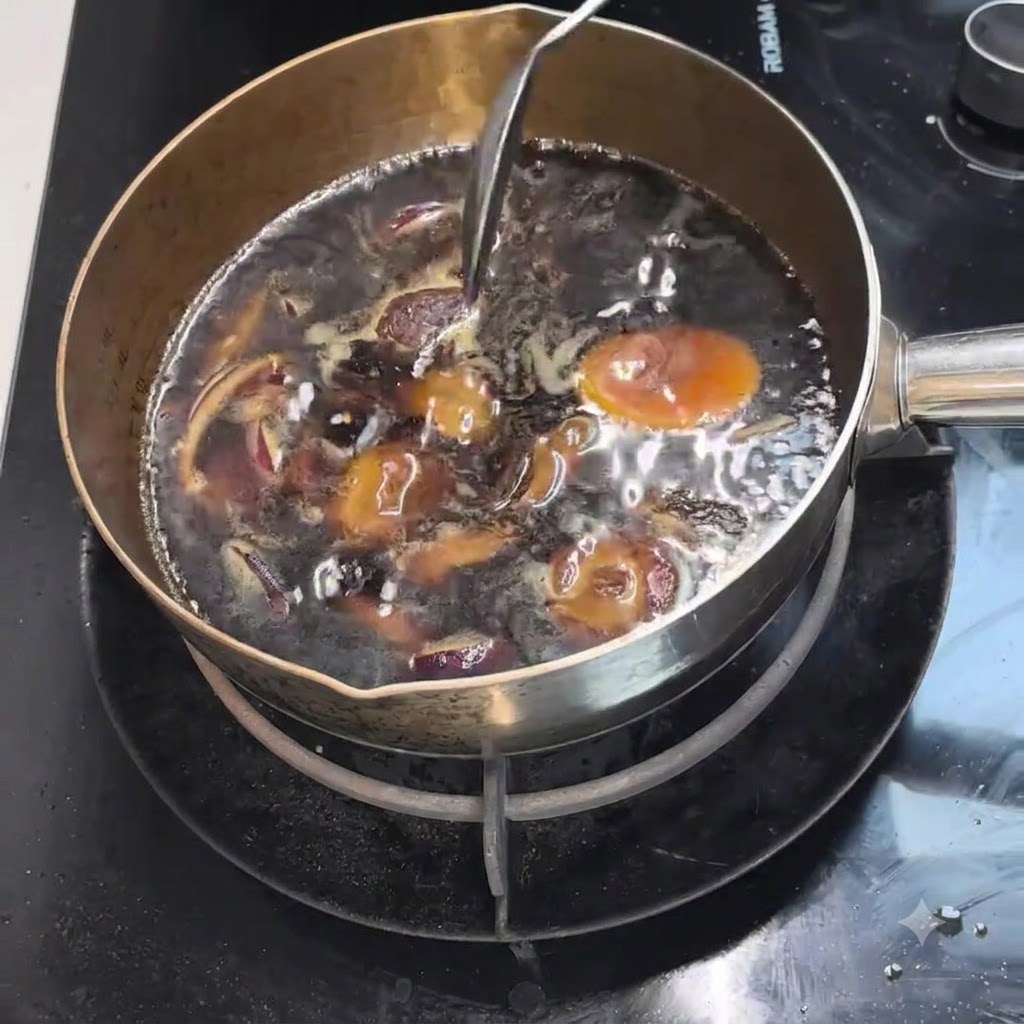 Rodajas de manzana y alga oscura hirviendo a fuego lento en el caldo oscuro dentro de la olla.