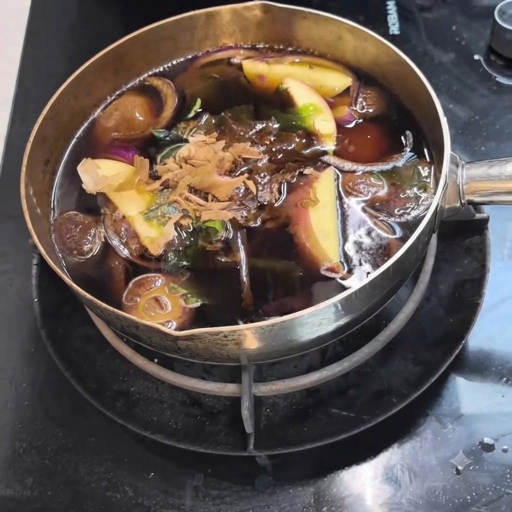 Copos de bonito cayendo sobre la superficie del caldo de sopa hirviendo que contiene manzanas y champiñones.