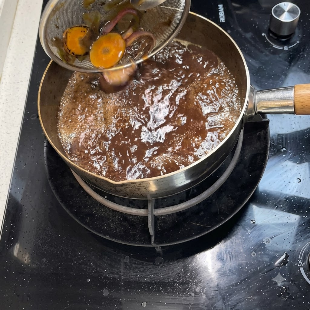 Un colador atrapando trozos de verdura cocida mientras la salsa oscura de sukiyaki se vierte en una olla.