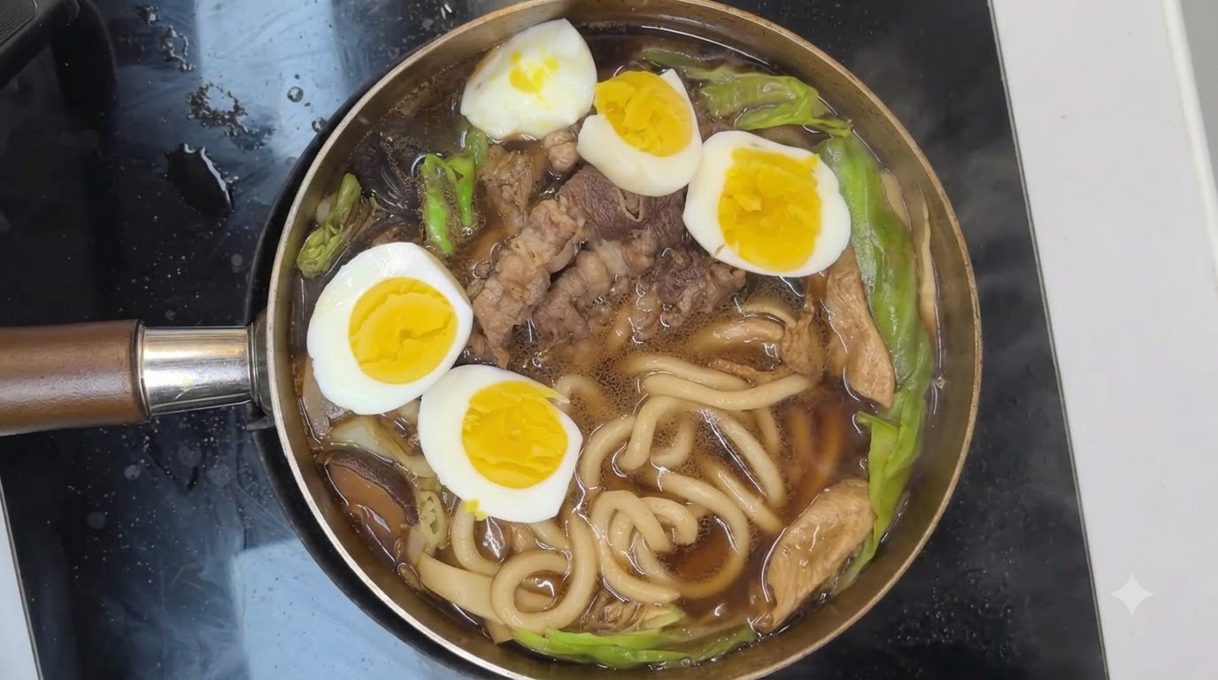 Una olla humeante de fideos sukiyaki udon con carne tierna, champiñones shiitake y huevos cocidos en un caldo sabroso.