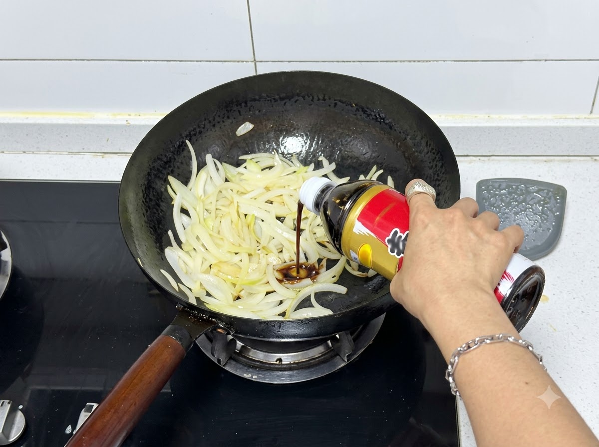 Salsa sukiyaki siendo vertida desde una botella hacia un wok lleno de cebollas salteadas.