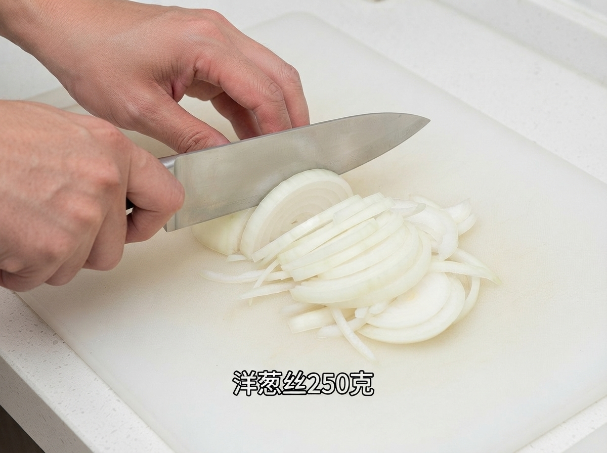 Una cebolla cortada en tiras finas sobre una tabla de cortar blanca utilizando un cuchillo de chef profesional.
