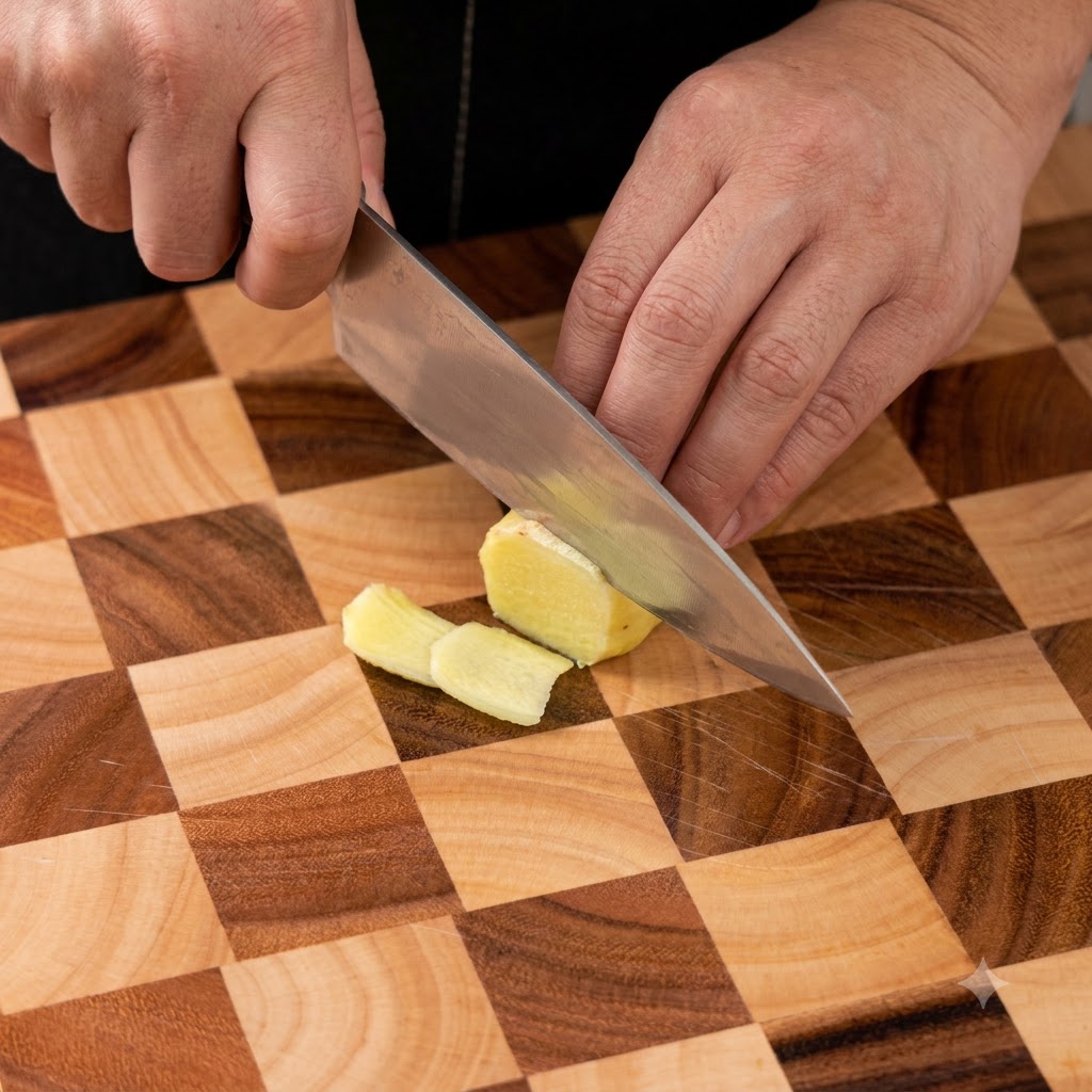 Un cuchillo afilado cortando la raíz de jengibre en rodajas finas sobre una tabla de madera.