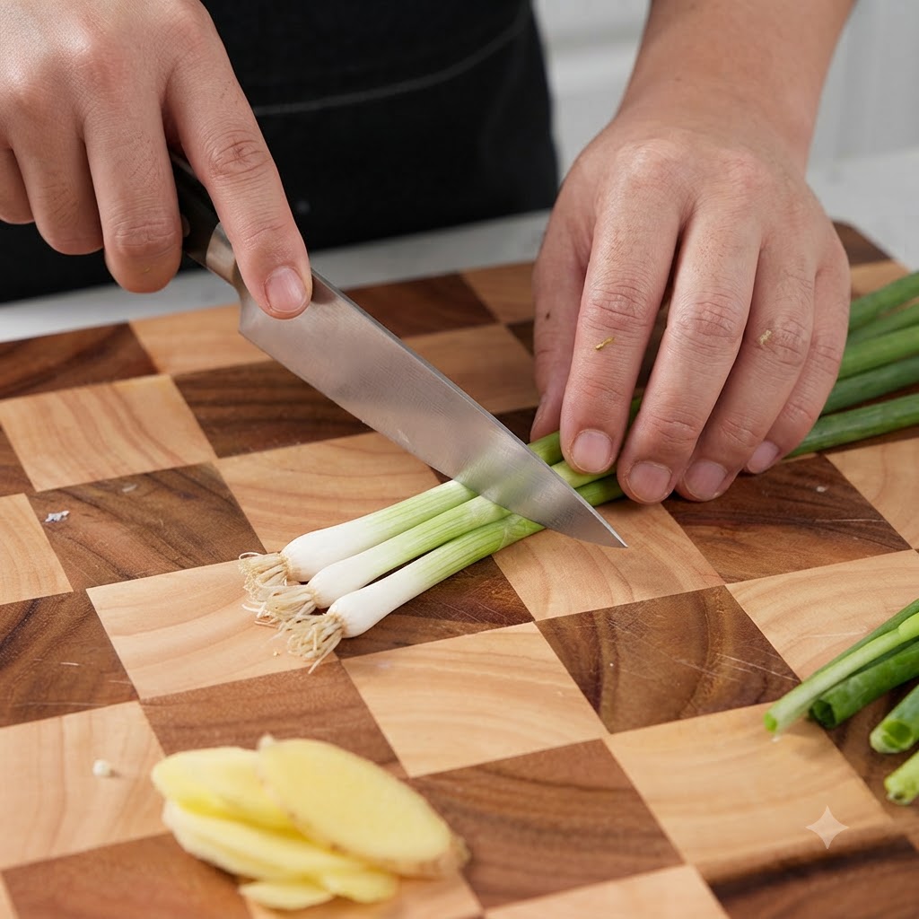 Cebolletas frescas cortadas en rodajas pequeñas sobre una tabla de cortar de madera.