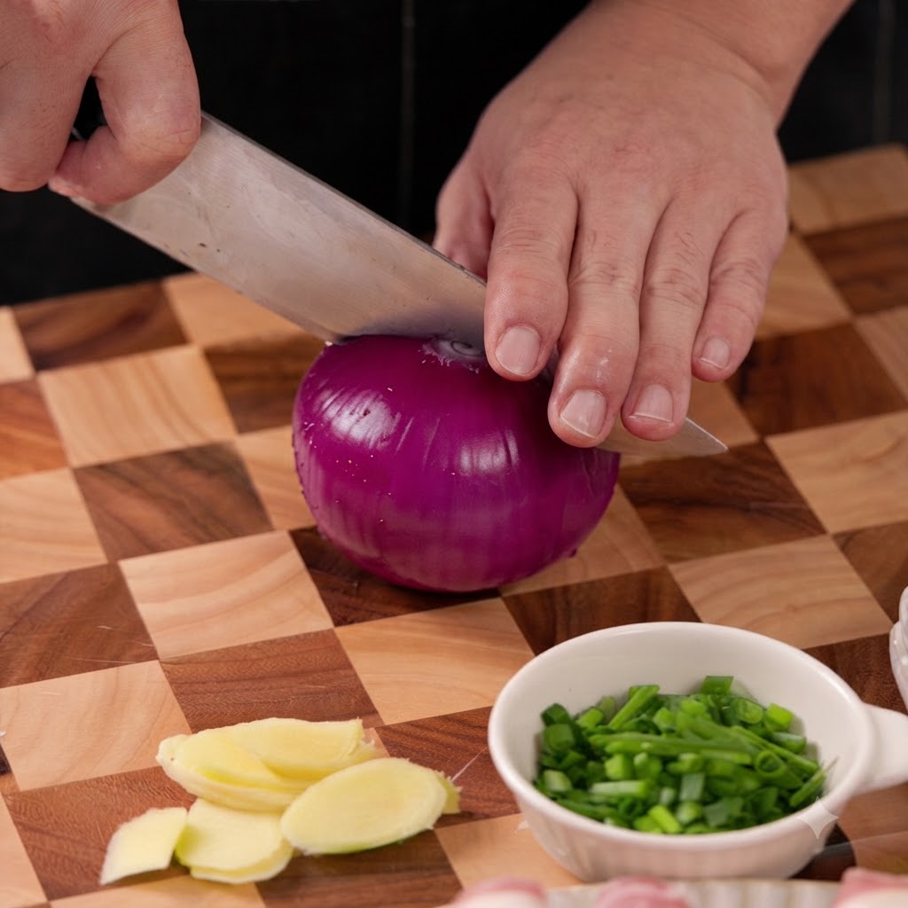 Una cebolla morada cortada en finas julianas con un cuchillo de cocina sobre una tabla.