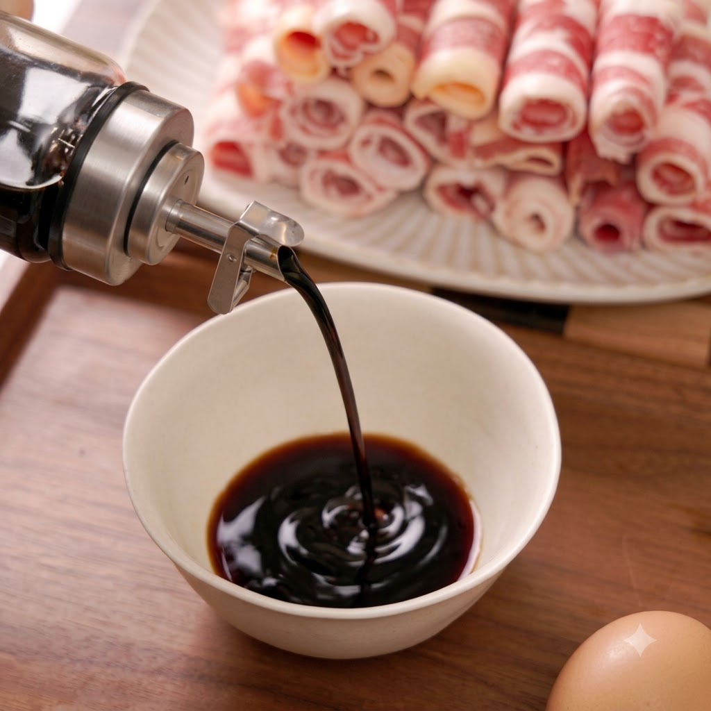 Salsa oscura vertiéndose en el cuenco para combinarse con el resto de ingredientes.