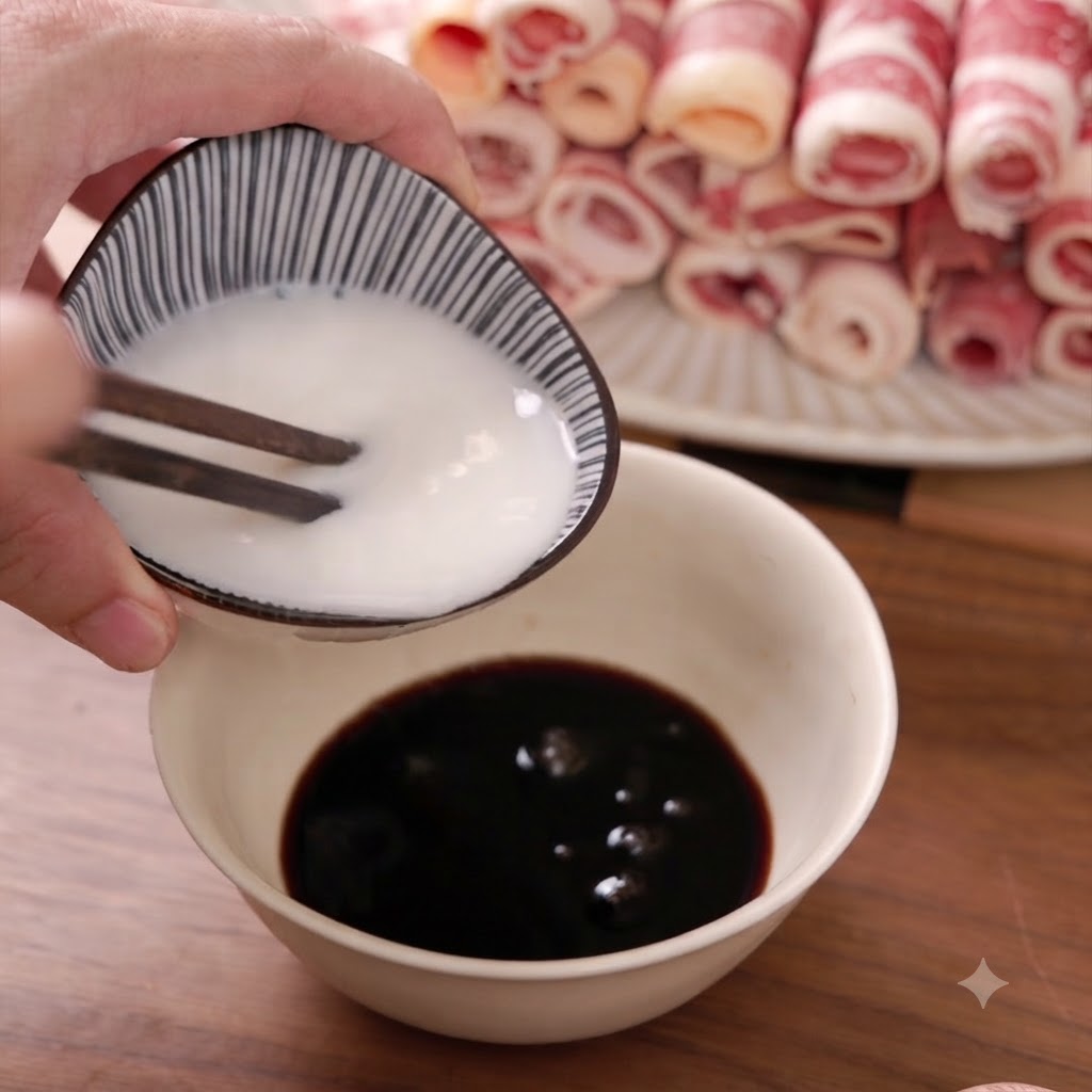 Un cuenco pequeño con salsa oscura mezclándose con almidón disuelto en agua usando palillos.