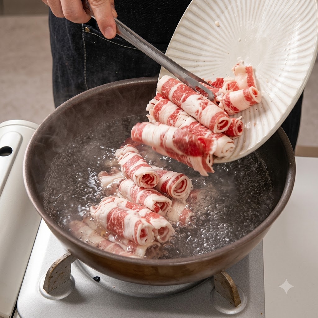 Rollos de ternera deslizándose desde un plato blanco a una olla con agua hirviendo y jengibre.