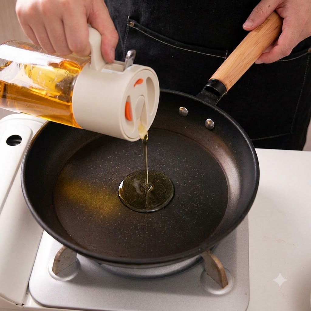 Aceite de cocina vertiéndose desde una aceitera de vidrio en una sartén caliente.