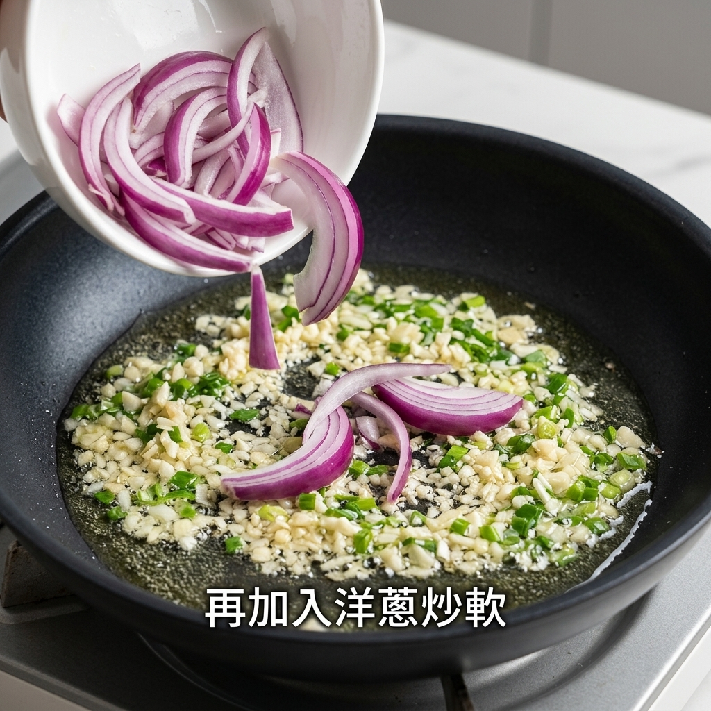 Cebolla morada cortada vertiéndose en la sartén con el ajo y la cebolleta sofritos.