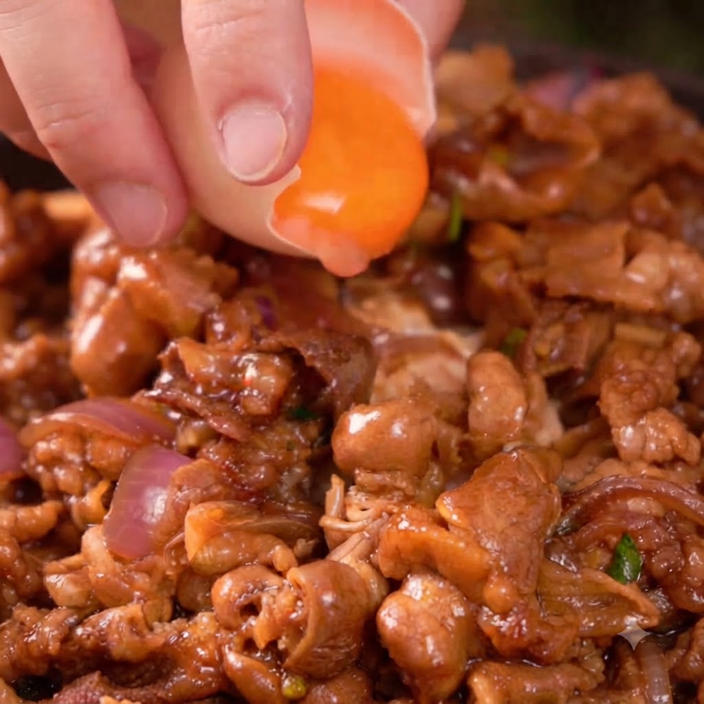 Una yema de huevo fresca colocándose delicadamente sobre el donburi de ternera teriyaki cocinado.