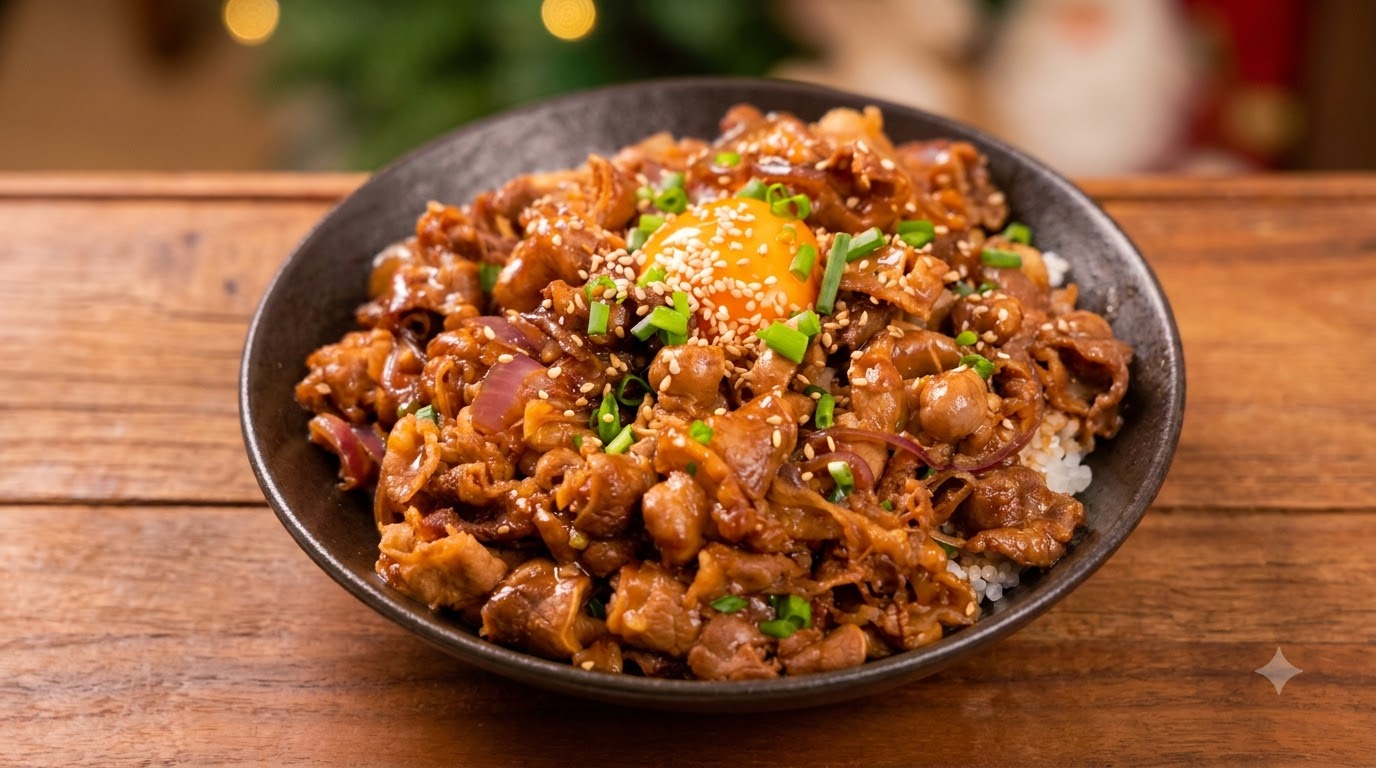 Bol de donburi de ternera teriyaki coronado con yema de huevo, semillas de sésamo y cebolleta fresca.