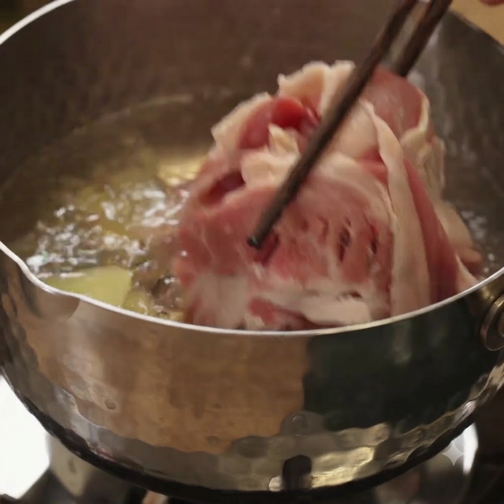 Láminas de carne cruda siendo introducidas con palillos en agua hirviendo dentro de una olla de metal con trozos de jengibre.