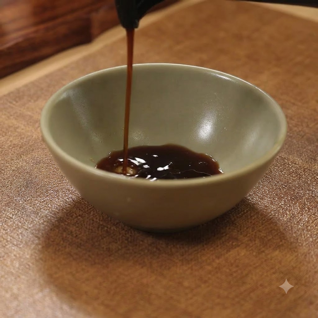 Salsa de soja oscura siendo vertida desde una botella en un pequeño cuenco de cerámica sobre una tabla de madera.