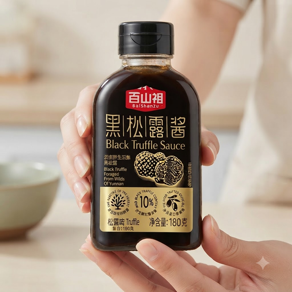 Una botella de salsa de trufa negra sostenida por unas manos con la etiqueta claramente visible.