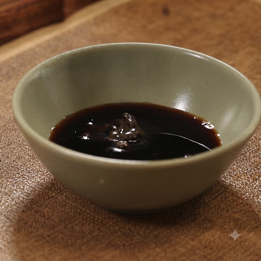 Un cuenco pequeño que contiene salsa oscura con una porción de pasta de trufa negra en el centro.