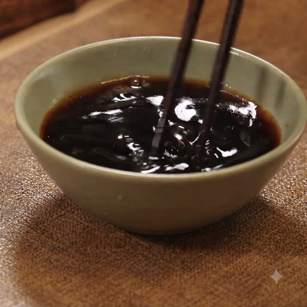 Palillos removiendo una mezcla de salsa líquida oscura dentro de un pequeño cuenco de cerámica.