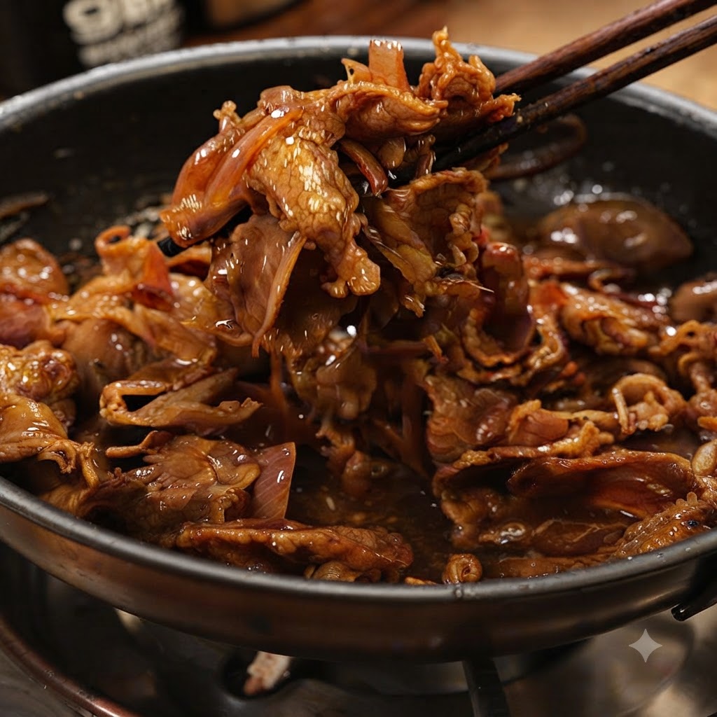 Un par de palillos levantando una porción de carne teriyaki cocinada y cebollas fuera de una sartén.