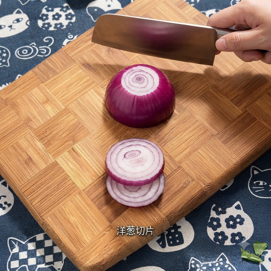 Una cebolla morada cortada en aros con una cuchilla sobre una tabla de cortar de madera.
