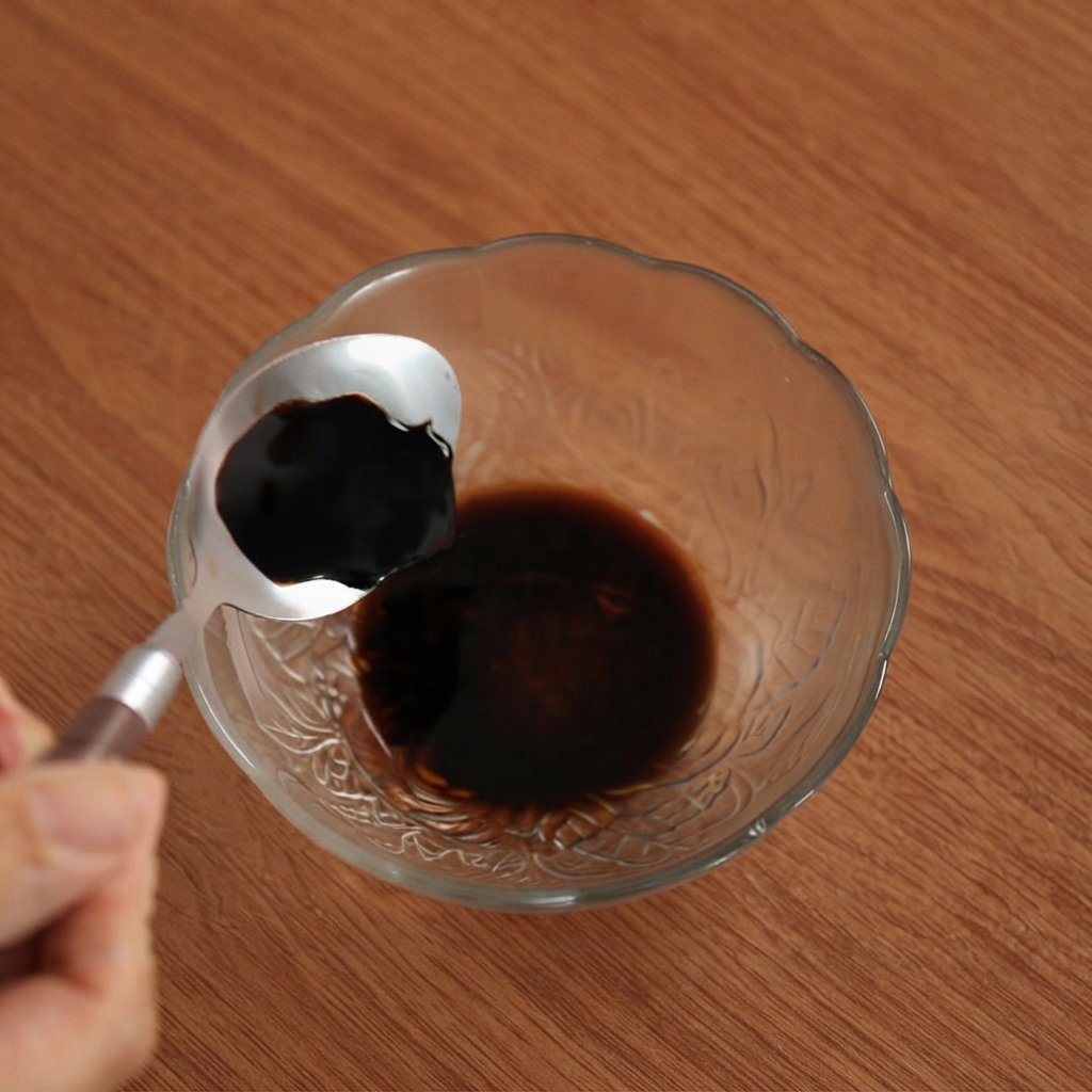 Una cucharada de salsa de soja oscura siendo añadida a un bol de cristal pequeño.