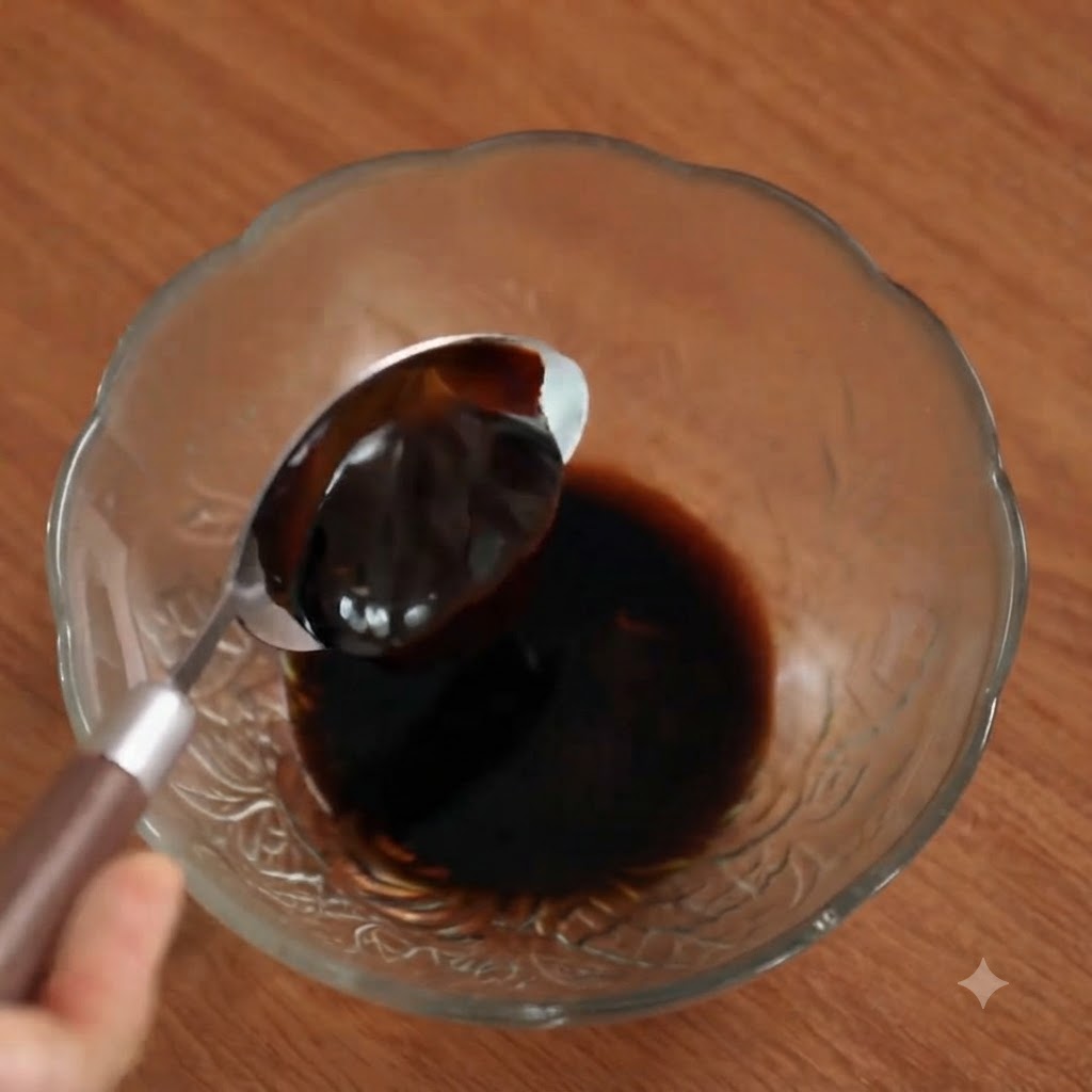 Salsa de ostras espesa siendo añadida con una cuchara al bol con los ingredientes de la salsa.