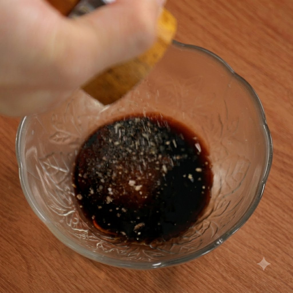 Pimienta negra siendo molida fresca sobre la mezcla de salsa en un bol de cristal.