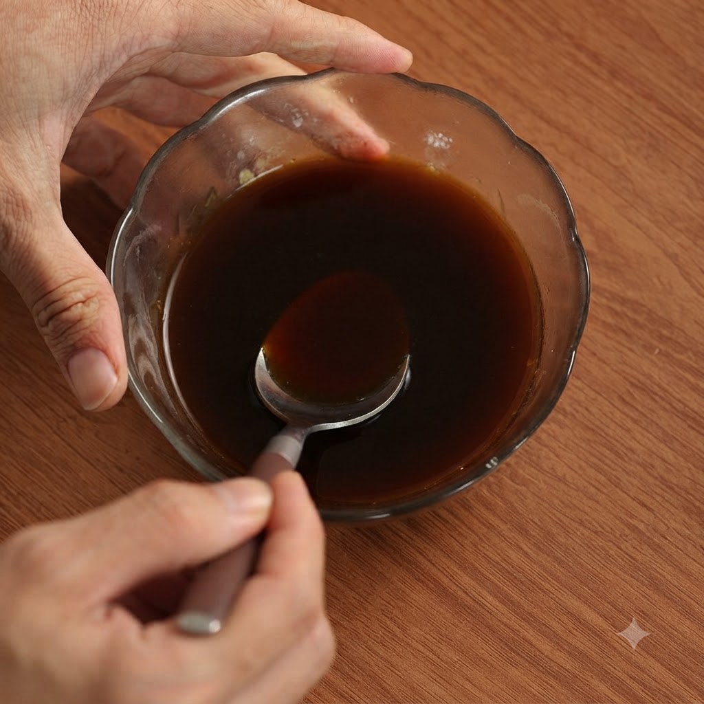 Una mano usando una cuchara para remover la salsa teriyaki combinada en un bol de cristal.