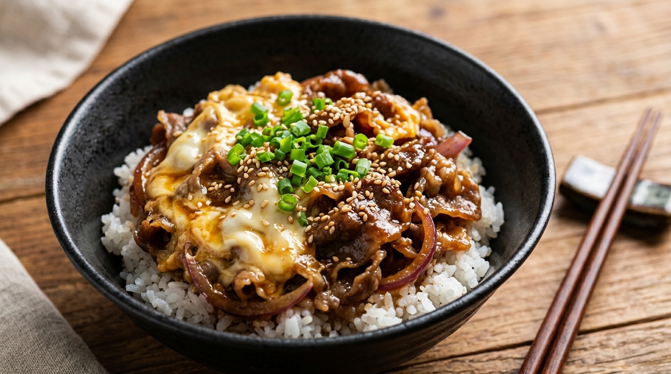 Tazón de Arroz con Ternera Teriyaki y Huevos Revueltos