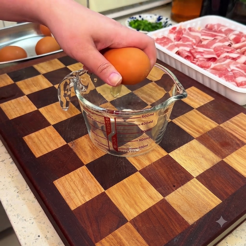 Cuatro huevos crudos siendo cascados individualmente en una taza medidora de vidrio transparente sobre una tabla de cortar.