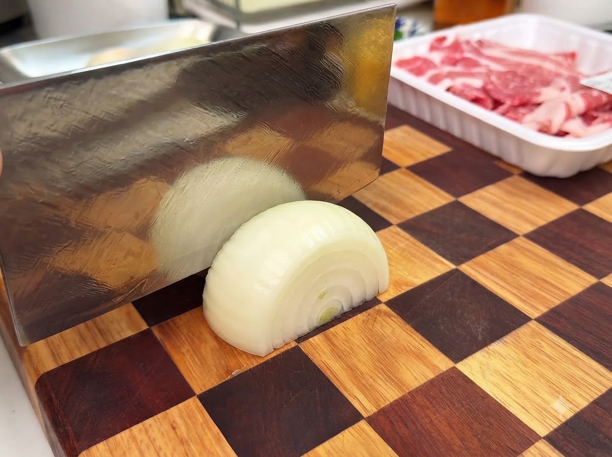 Una mitad de cebolla siendo cortada en rodajas gruesas con una cuchilla sobre una tabla de cortar de madera con diseño de tablero.