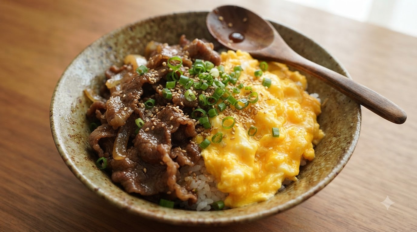 Tazón de Arroz con Ternera Teriyaki y Huevo Revuelto