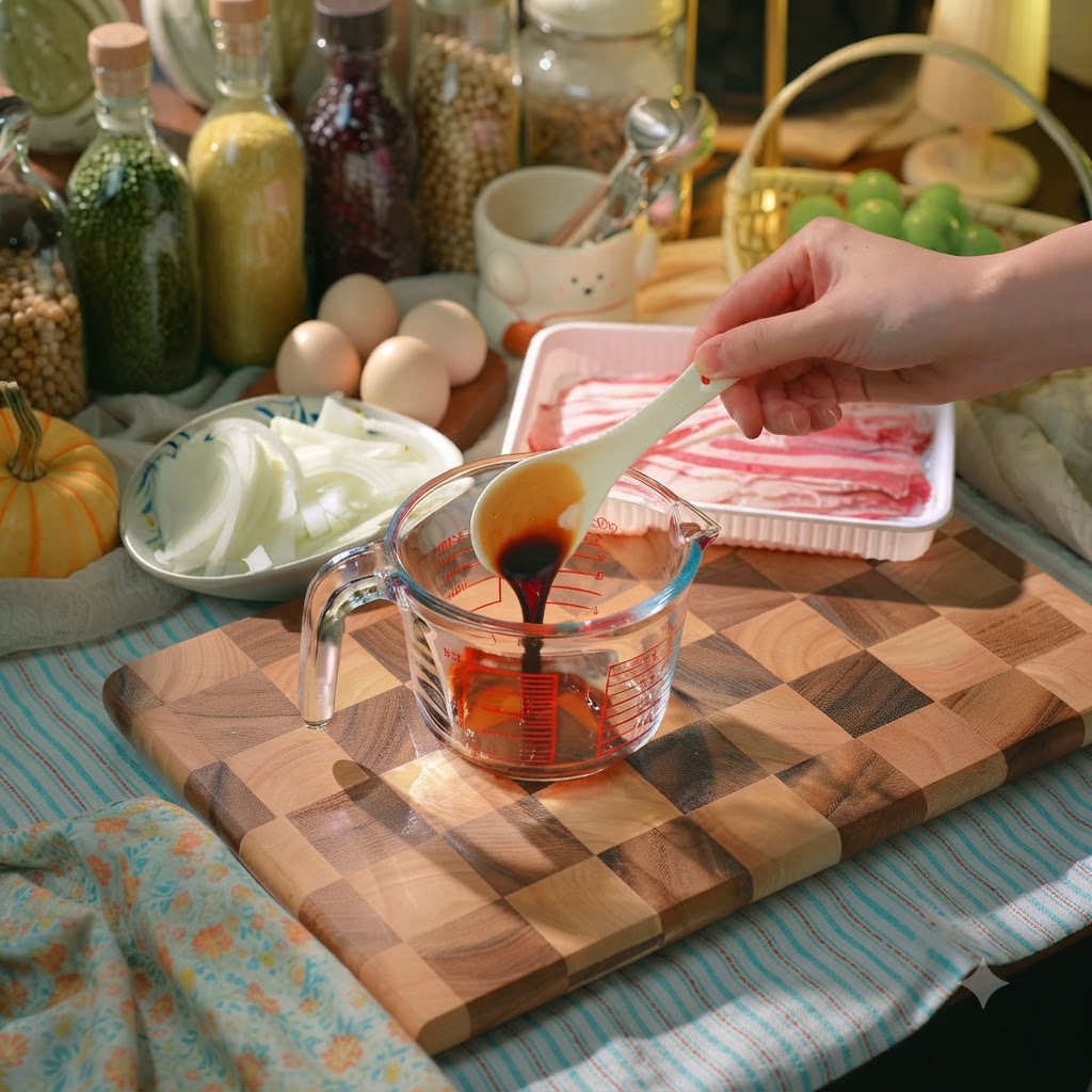 Salsa de soja oscura vertiéndose desde una cuchara blanca a una taza medidora de cristal con los ingredientes de la salsa teriyaki.